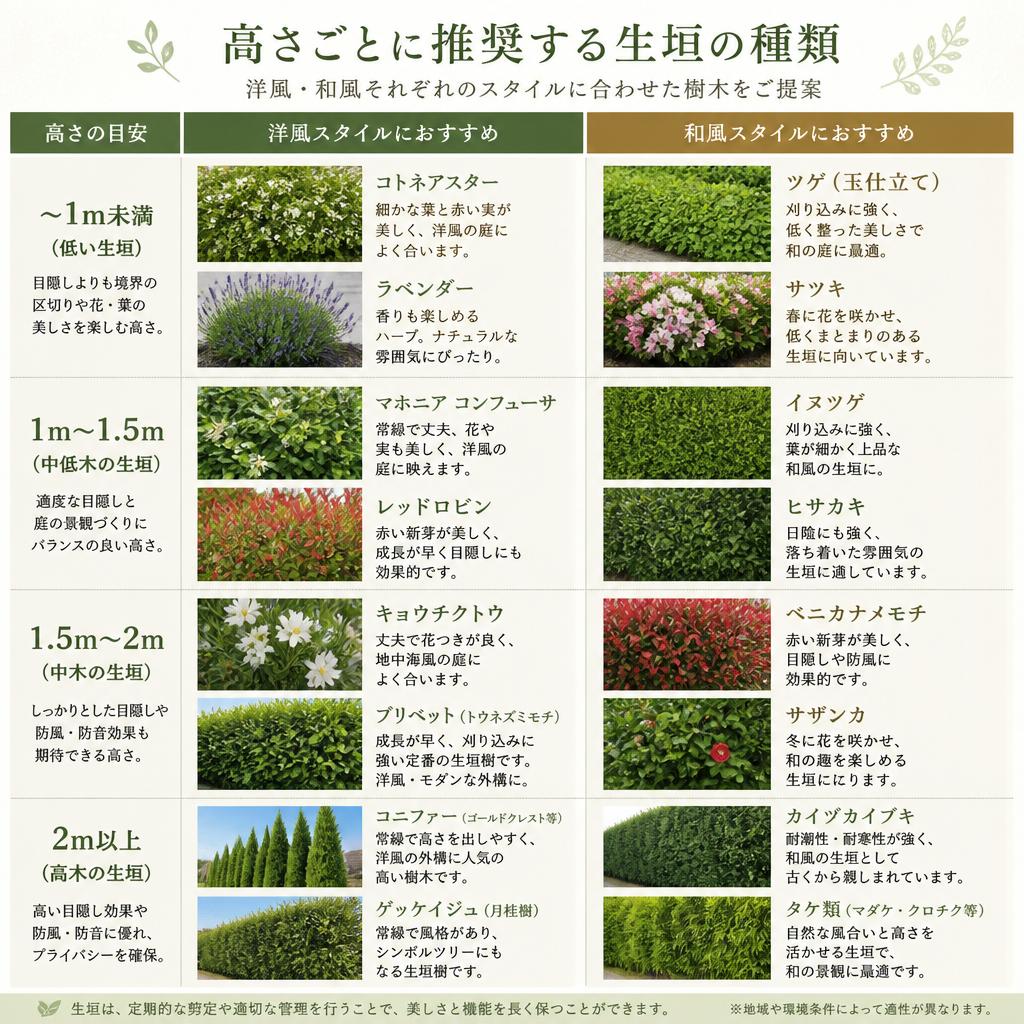 2. おすすめの高さ別生垣
