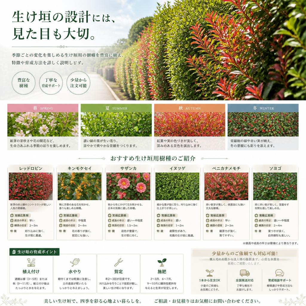 豊富な生け垣用樹種